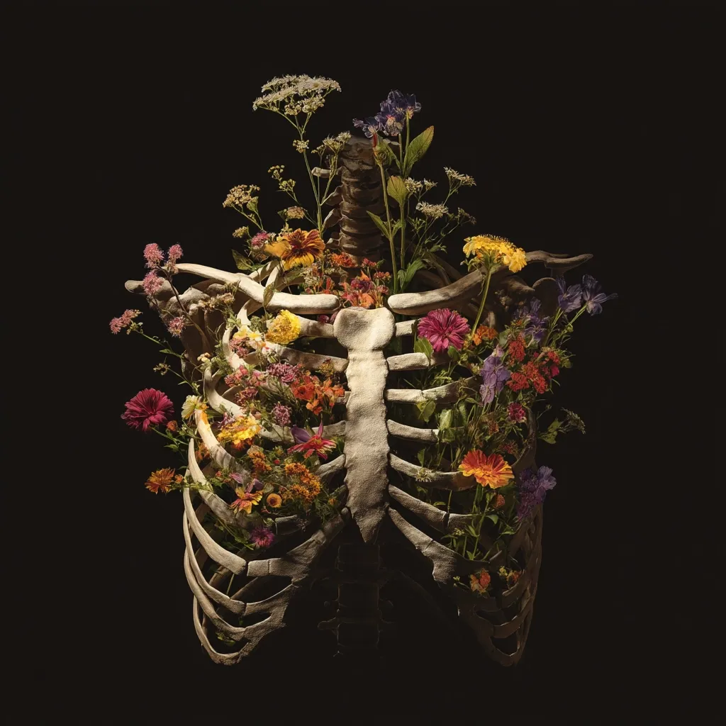 A human ribcage is filled with a vibrant bouquet of wildflowers in varying colors and textures against a stark black background.  The contrast between the skeletal structure and the delicate flowers creates a striking visual, suggesting themes of life, death, and the beauty found in both. The image is meticulously composed, highlighting the details of both the bones and blossoms.
