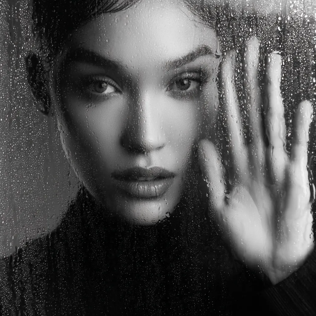 A black and white close-up shot of a woman's face pressed against a rain-streaked window.  Her expression is serious and contemplative.  Her hand rests against the glass, water droplets clinging to her skin and the pane. The image evokes a sense of mystery and introspection. She wears a turtleneck sweater.