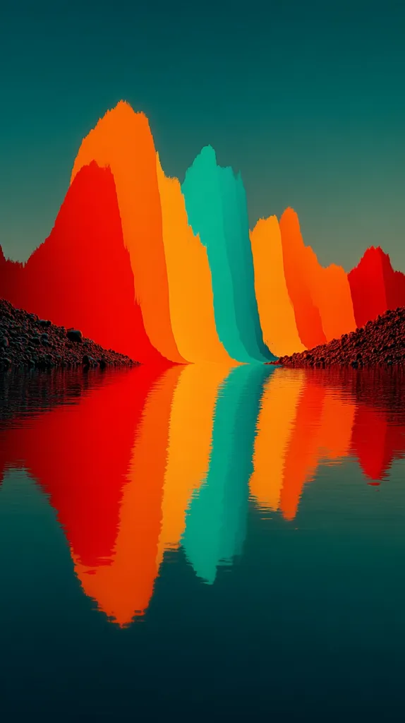 Vibrant, stylized mountains in shades of red, orange, and teal reflect perfectly in a calm, dark-blue lake. The digital art piece features a bold color palette and a symmetrical composition.  The mountains have a textured, almost pixelated appearance, adding to the artwork's unique, modern feel. The scene is serene yet striking, creating a visually captivating image.