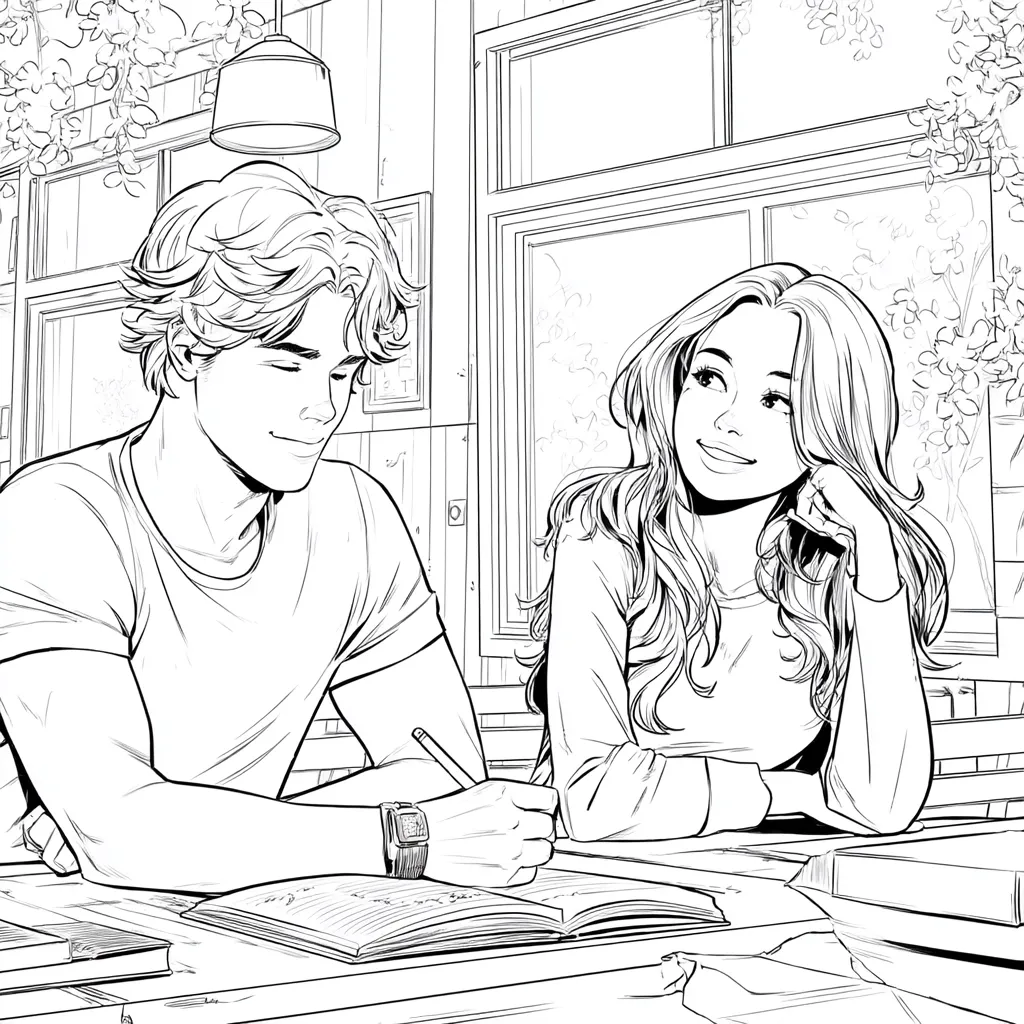 A young man with wavy hair sits at a table, sketching in a notebook.  Beside him, a young woman with long hair rests her chin on her hand, looking thoughtfully away.  They are seated in a cozy, rustic setting with large windows showing lush greenery. Books and other materials are scattered on the table. The scene is rendered in black and white line art, creating a clean and romantic ambiance.