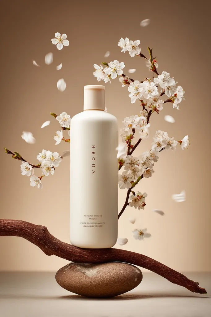 A minimalist product shot features a white bottle of Viloria fragrance products resting on a smooth, dark stone balanced on a branch adorned with delicate white blossoms.  Petals gently fall around the bottle, enhancing the serene and natural aesthetic. The background is a muted, warm beige. The overall impression is one of elegance and tranquility.