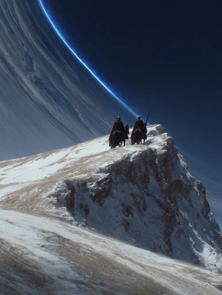 Two knights on horseback stand atop a snow-covered mountain peak.  A vast, curved celestial body, glowing with a bright blue light, dominates the background. The scene is dramatic and otherworldly, suggesting a journey across a fantastical landscape. The knights are silhouetted against the bright horizon, giving a sense of scale and isolation.