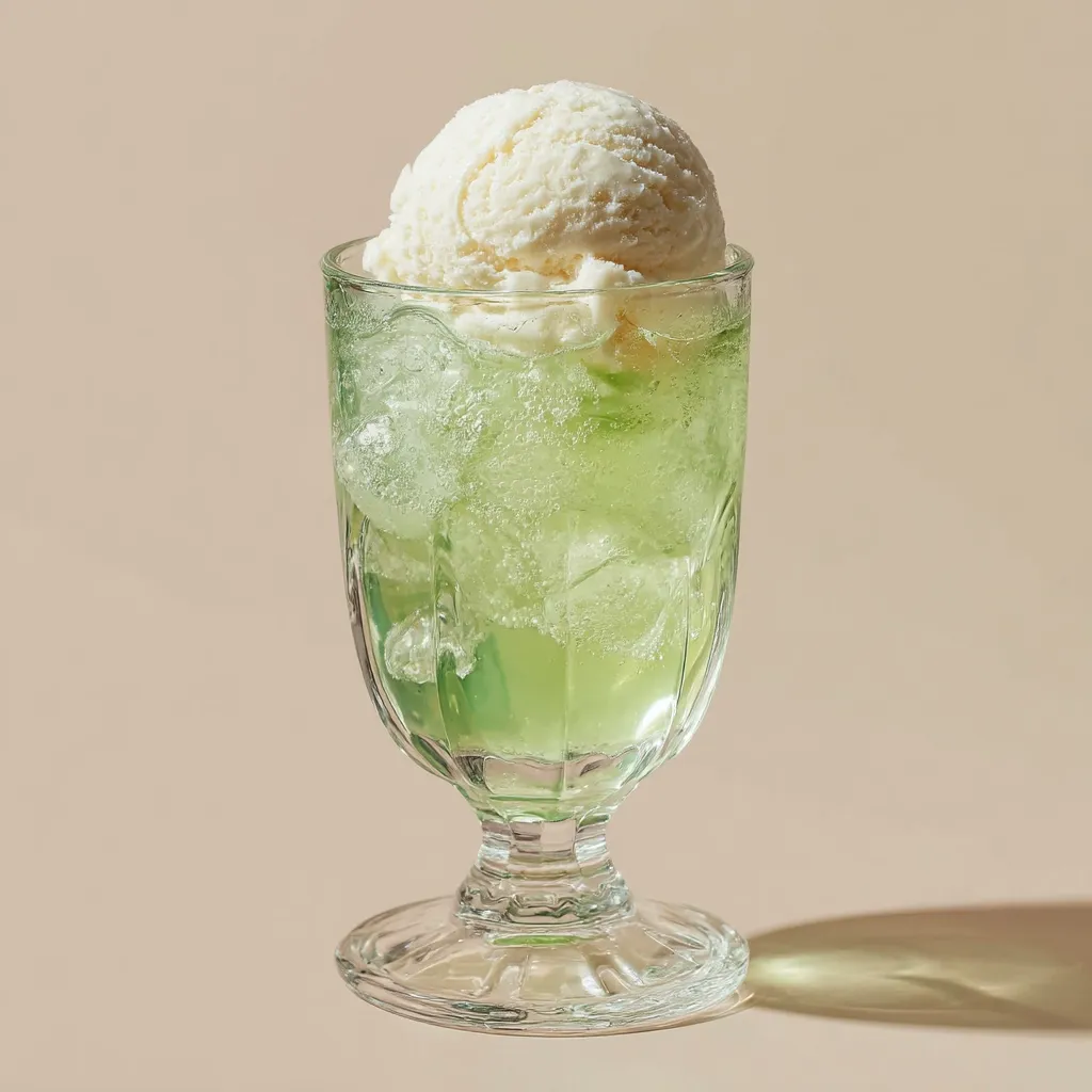 A refreshing summer treat: a scoop of vanilla ice cream sits atop a glass filled with a light green, bubbly soda, possibly a lime or melon flavor.  Ice cubes are visible within the drink, which is presented in a stemmed glass, casting a soft shadow on a neutral background. The image evokes a feeling of coolness and simple pleasure.