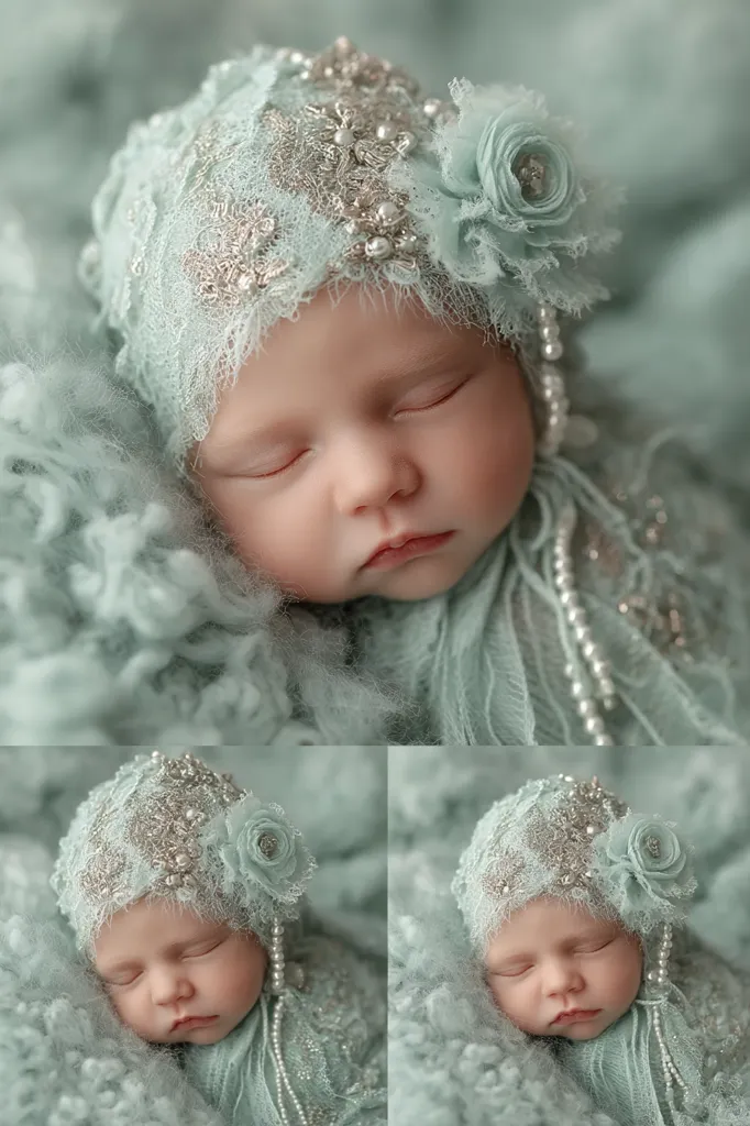 A newborn baby girl sleeps soundly, nestled in a soft, sage-green fabric.  She wears a delicate, light-green bonnet adorned with silver embellishments and pearls.  The bonnet features a small, matching flower. The overall image evokes a sense of tranquility and gentle beauty.  Multiple shots showcase the baby's peaceful slumber and the intricate details of her outfit.