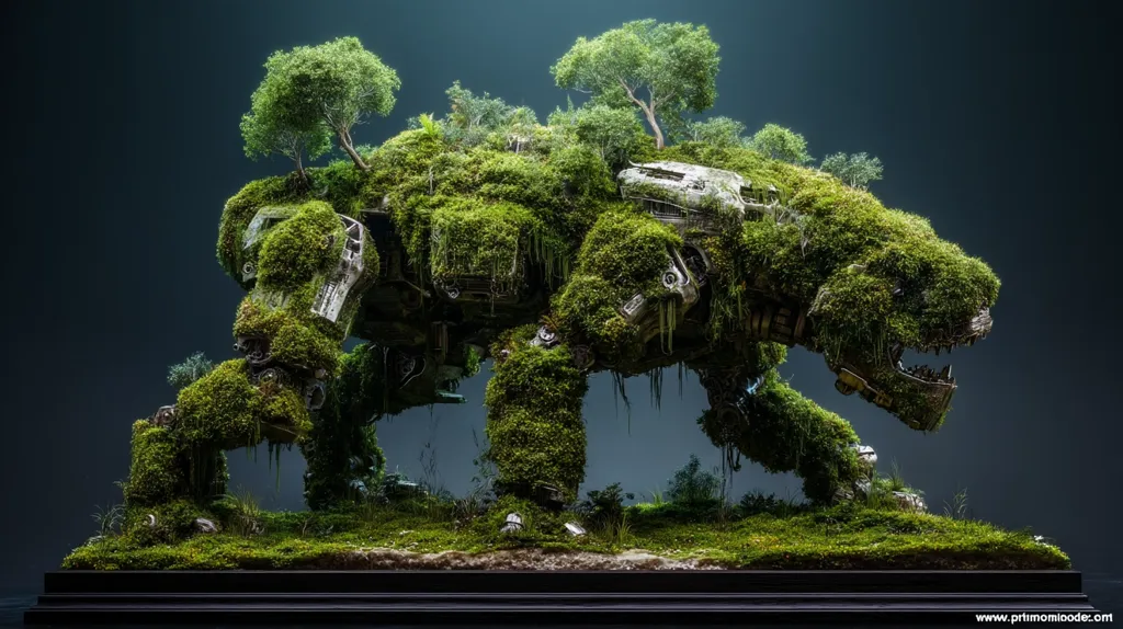 A meticulously crafted diorama depicts a colossal mech, seemingly reclaimed by nature.  Thick moss and vibrant green vegetation completely envelop the metallic frame, with small trees sprouting from its back. The mech's form is still discernible, suggesting a post-apocalyptic or futuristic setting where nature has overtaken technology.  The scene is displayed on a dark, minimalist base, enhancing the dramatic contrast between the organic and mechanical elements.