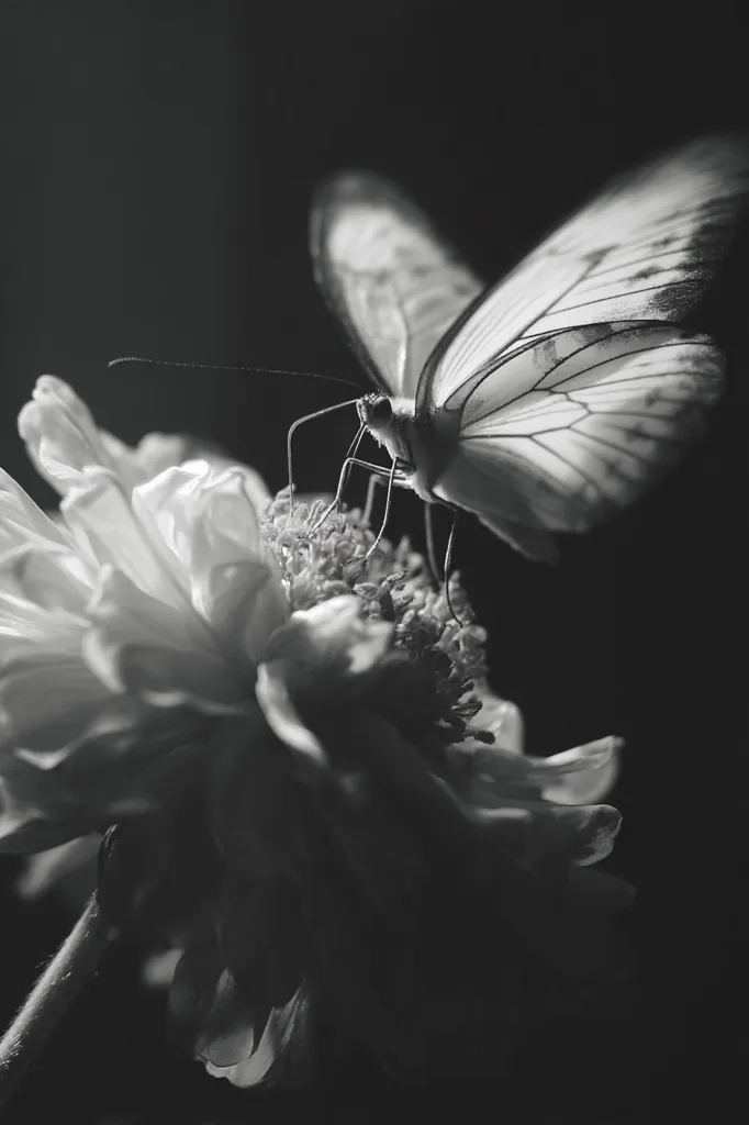 A black and white close-up captures a delicate moment: a butterfly, wings exquisitely detailed, delicately rests on a flower.  The contrast between the dark background and the brightly lit insect and bloom creates a dramatic, almost ethereal mood.  The image's focus is sharp on the butterfly and flower, blurring the background into obscurity, emphasizing the intricate details of nature's artistry.