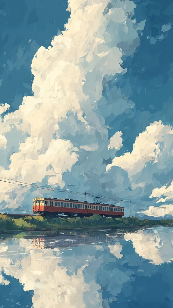 A vibrant painting depicts a long, red passenger train traversing a tranquil landscape under a dramatic sky.  Large, fluffy clouds dominate the upper half of the scene, reflecting beautifully in the calm water below the train tracks. The artistic style is painterly and impressionistic, with visible brushstrokes creating a sense of movement and atmosphere. The overall mood is serene and peaceful.