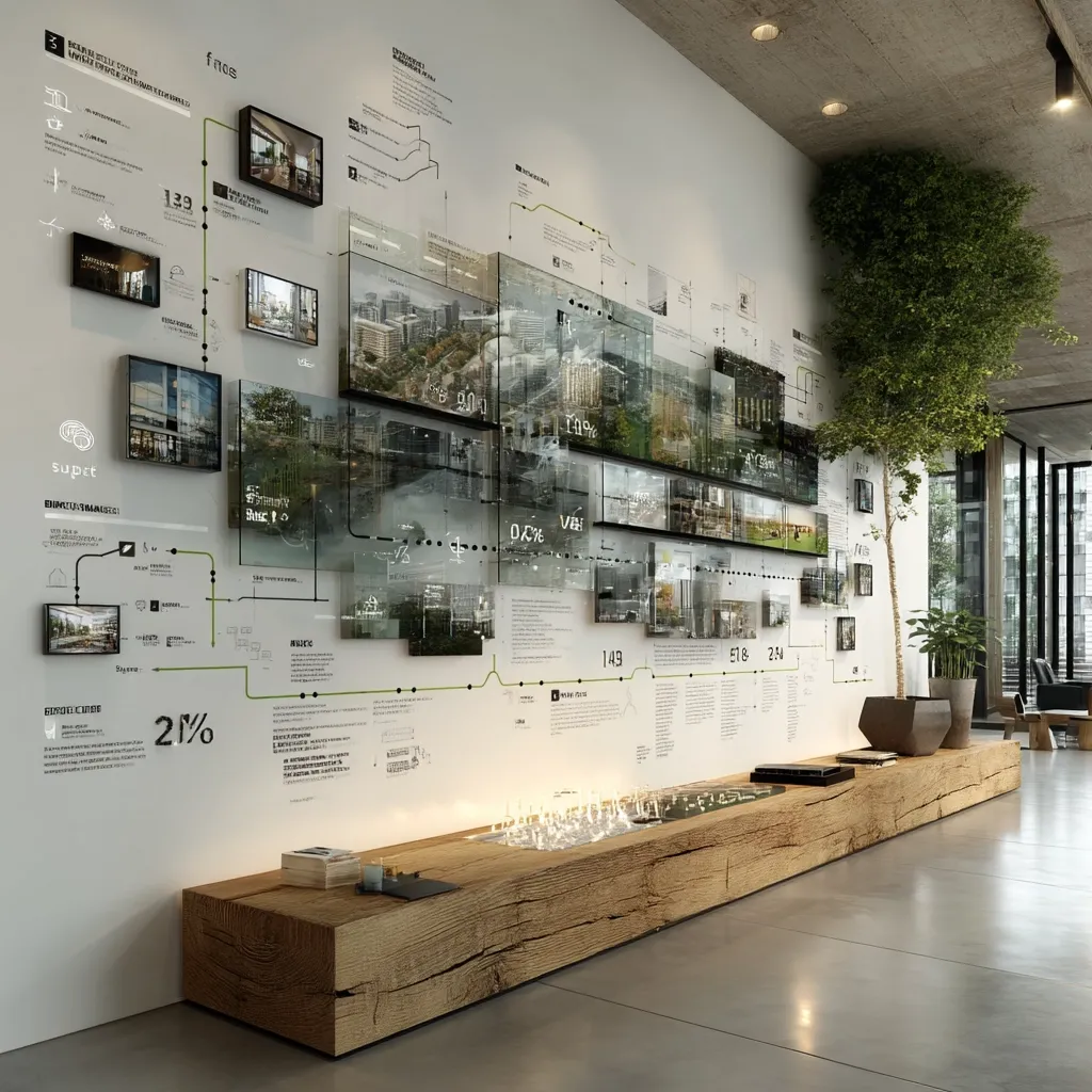 A modern interior design showcases a long, rustic wooden bench with an embedded fire feature.  A large wall displays a visually engaging timeline, incorporating numerous embedded screens showcasing images and data points connected by a flowing green line.  The space is complemented by potted plants, creating a blend of natural and technological elements.  The overall aesthetic is clean, sophisticated, and informative.