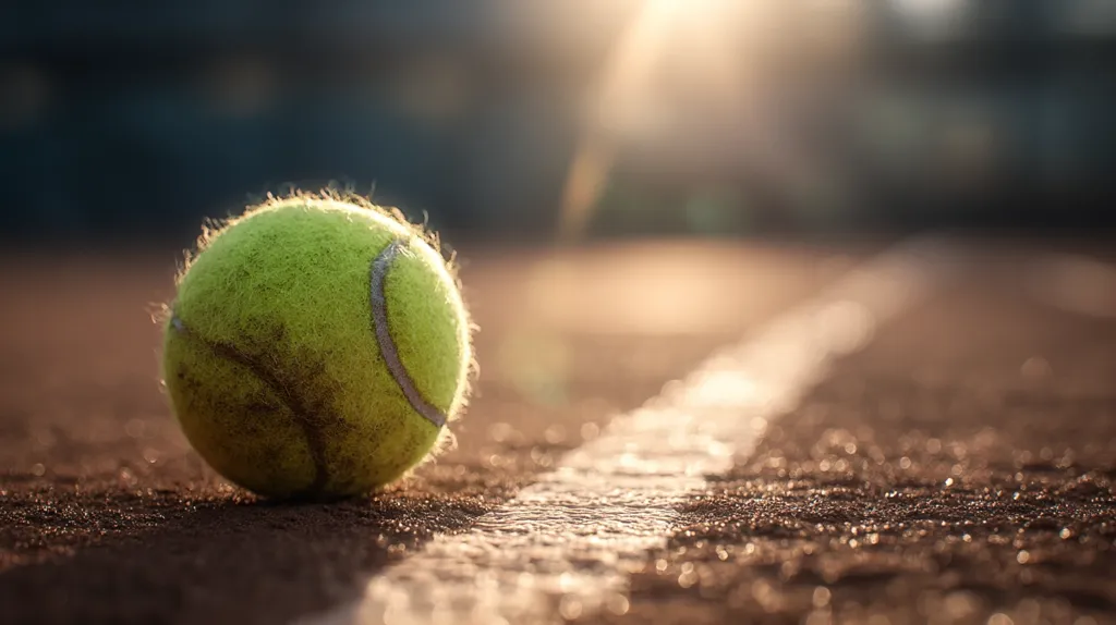A slightly used tennis ball rests on a clay court near the white line.  The sun shines brightly, creating a warm glow and highlighting the texture of the ball and court.  The background is blurred, focusing attention on the ball in the foreground. The scene evokes a feeling of a sunny afternoon on a tennis court.