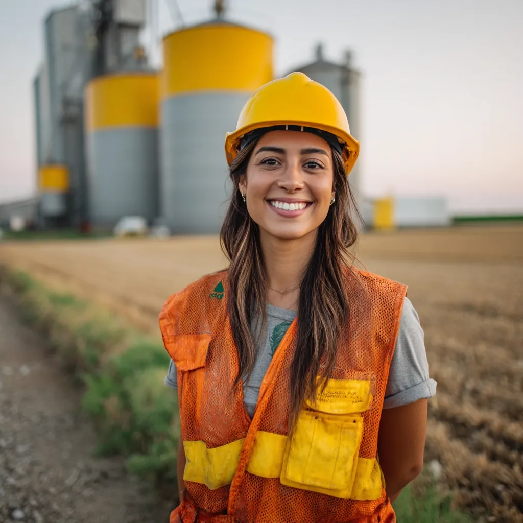 A young woman with long brown hair smiles confidently. She wears a yellow hard hat and an orange safety vest, standing in front of large agricultural silos.  The setting suggests a farming or agricultural industrial environment.  Her expression conveys professionalism and pride in her work.