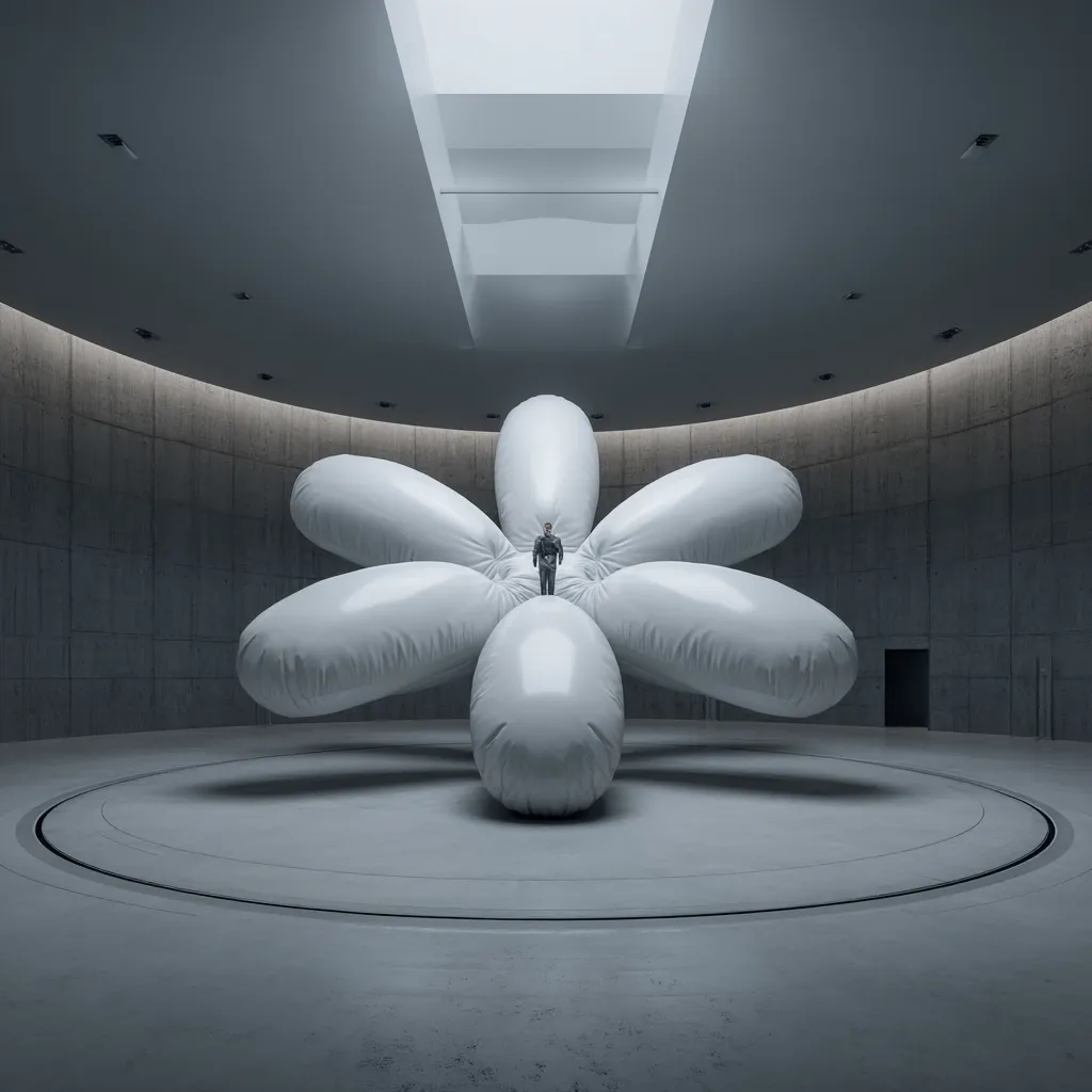 A minimalist, circular room with concrete walls houses a large, white, inflatable sculpture resembling a stylized flower.  Seven bulbous segments form the petals, and a small figure stands on the central petal.  The scene is stark and monochromatic, with muted lighting emphasizing the smooth curves of the artwork and the smooth floor. A subtle circular track is visible on the floor.