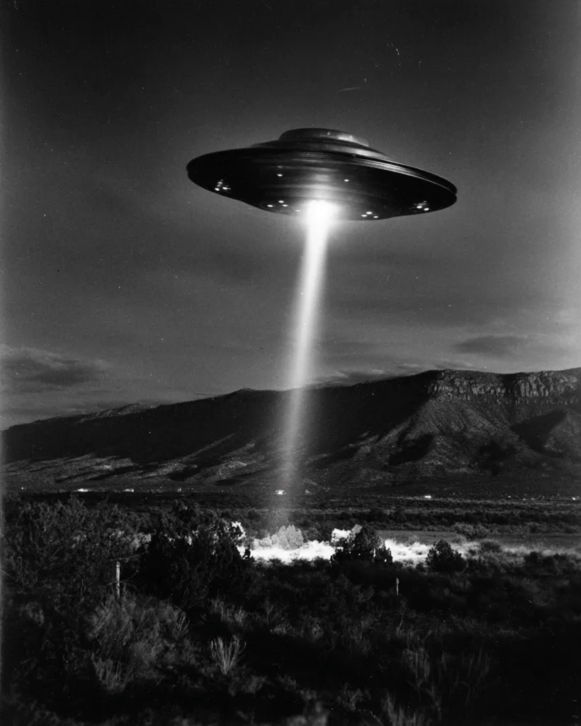 A black and white photograph depicts a classic flying saucer hovering over a desert landscape at night. A bright beam of light emanates from the underside of the craft, illuminating the scrubby terrain below.  The mountains in the background are dark and silhouetted against the night sky. The overall scene evokes a sense of mystery and otherworldly visitation.