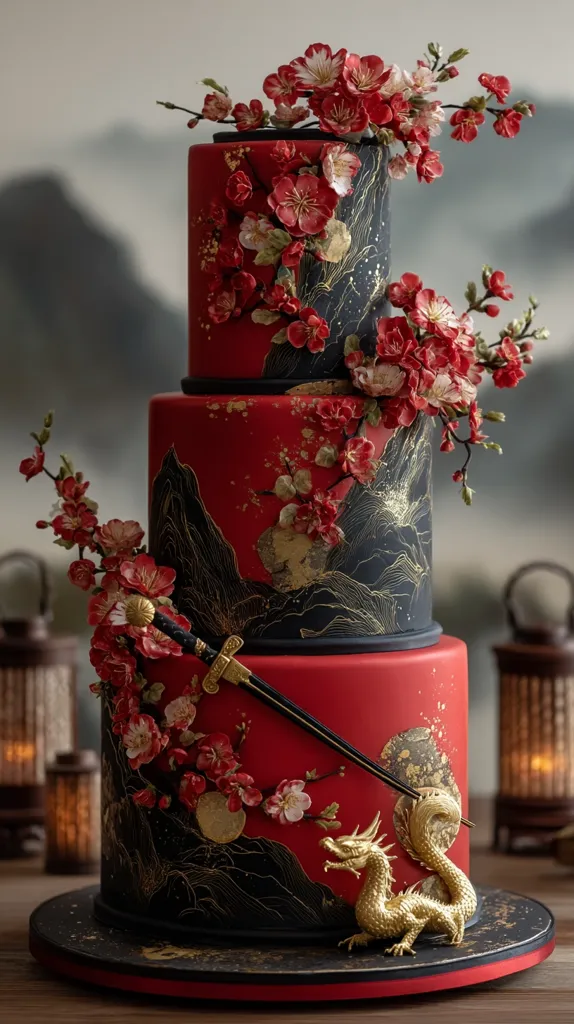 A three-tiered wedding cake, predominantly red and black, is adorned with intricate gold detailing.  Red sugar blossoms cascade down the sides, complementing the black and gold landscape design. A gold dragon and a katana sword add symbolic elements, creating a visually striking and culturally rich centerpiece. The cake showcases exceptional artistry and attention to detail.