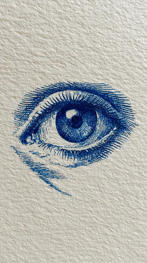 A detailed blue ink drawing of a human eye is presented against a textured off-white background. The intricate hatching technique captures the subtle details of the iris, pupil, and eyelashes. The eye appears to be looking slightly off to the viewer's left.  The style suggests a classical or anatomical drawing, possibly from a textbook or print.