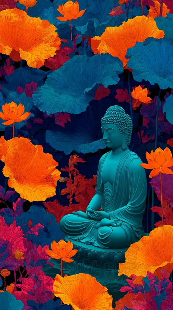 A teal-colored Buddha statue sits serenely in a vibrant garden.  Surrounding the statue are large, stylized lotus leaves and flowers in bold shades of orange, teal, purple, and red. The image is a striking blend of realistic rendering and graphic design, creating a visually arresting and peaceful scene. The dark background emphasizes the bright, saturated colors of the flora.