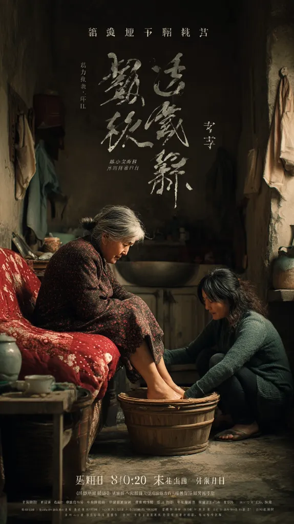 A movie poster shows an elderly woman seated on a couch, her feet in a wooden basin as a younger woman washes them. The setting is a dimly lit, rustic home.  The film title, written in stylized Chinese characters, dominates the poster. The release date is prominently displayed at the bottom. The overall mood is one of quiet intimacy and familial care.