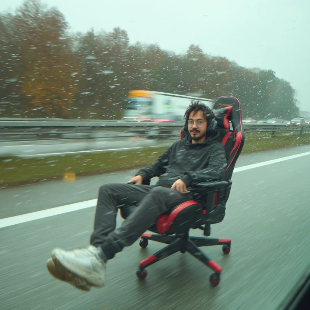A man sits in a red and black gaming chair on a highway, snow lightly falling.  He wears a dark hoodie and glasses, appearing relaxed as the chair seemingly moves at speed.  Blurred traffic and a snowy landscape form the background. The scene is dynamic, conveying a sense of unusual transportation and adventure.