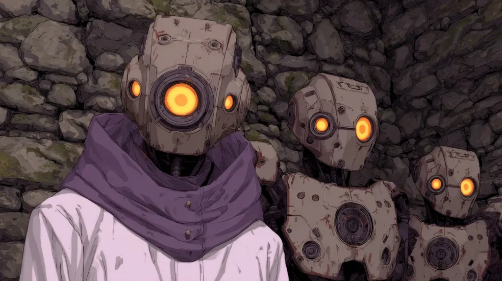 Three robots stand against a weathered stone wall. The central robot wears a purple hooded cloak over a white coat, while the other two are more mechanical in appearance.  All three robots have large, round, glowing orange eyes and a worn, metallic grey exterior.  The image evokes a post-apocalyptic or futuristic setting.