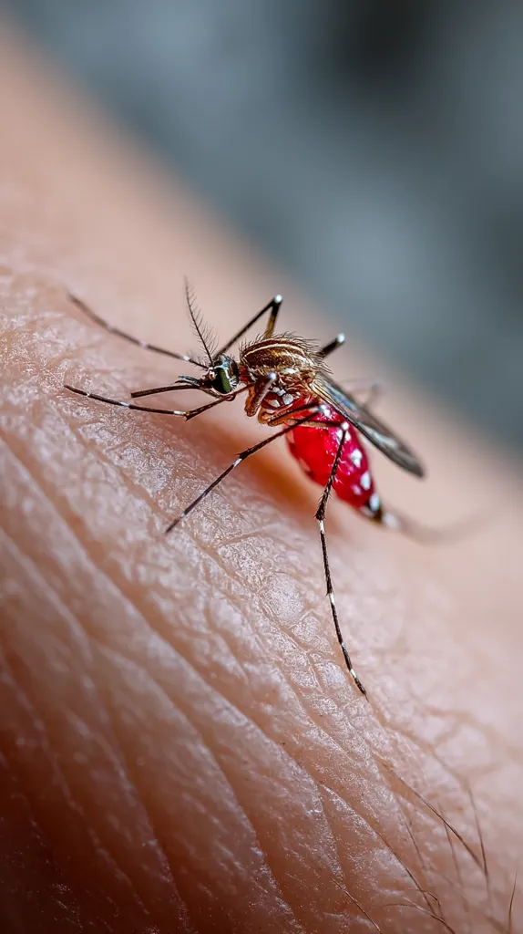 A close-up shot reveals a mosquito, its body a striking contrast of brown and vibrant red with white spots, feeding on human skin.  The image emphasizes the intricate details of both the mosquito and the human skin's texture, highlighting the mosquito's legs and proboscis as it imbibes a blood meal. The background is softly blurred, drawing focus to the interaction.