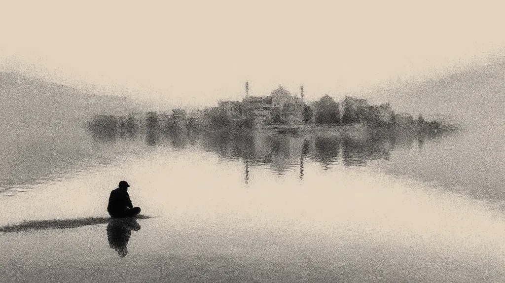 A solitary figure sits cross-legged by a calm lake, silhouetted against a hazy backdrop.  Across the water, a city skyline is visible, dominated by a large domed structure, possibly a mosque or similar building. The image is rendered in a monochrome style, resembling a pencil sketch or etching, with a soft, muted palette. The overall mood is serene and contemplative.