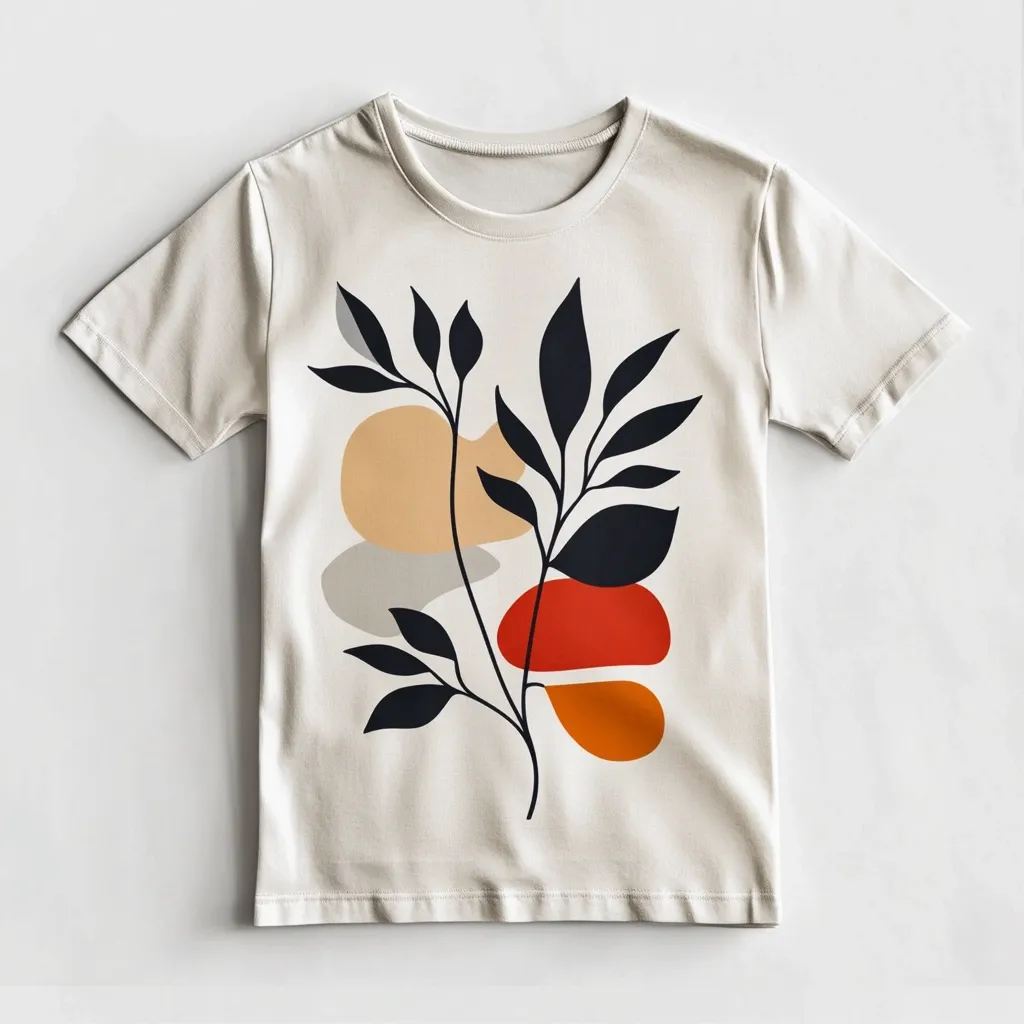 A cream-colored children's t-shirt features a minimalist design.  Stylized dark leaves sprout from a stem amidst abstract shapes in muted orange, red, and beige. The clean lines and simple color palette create a modern, understated aesthetic. The short-sleeved shirt is shown flat against a white background.