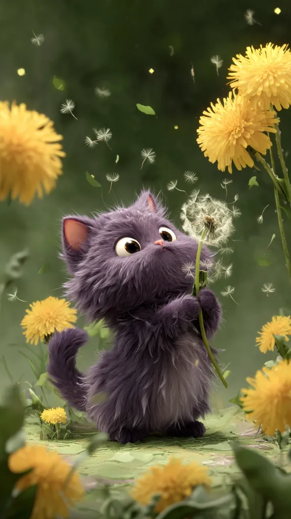 A fluffy, purple kitten stands amidst a field of dandelions.  It holds a dandelion stalk, its seeds gently blowing in the breeze.  The scene is whimsical and charming, with a soft, muted color palette.  The kitten's large eyes and endearing expression enhance its cuteness. The overall image evokes feelings of springtime and innocence.