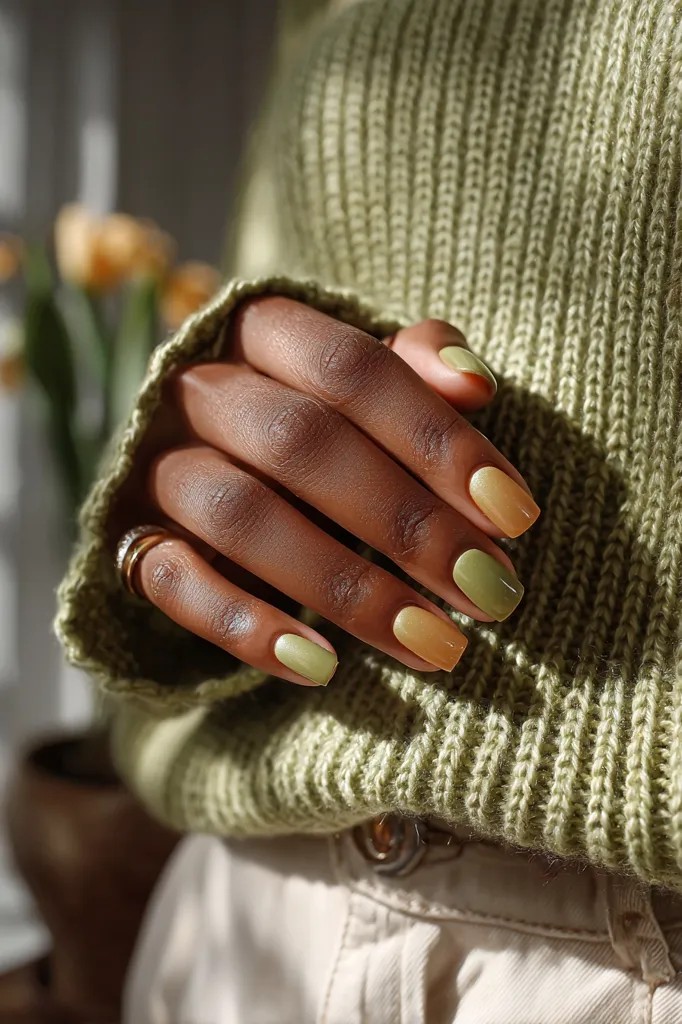 A close-up shot showcases a person's hand adorned with a chic manicure.  The nails are painted in varying shades of olive green and beige, creating a subtle ombre effect. The hand rests on a soft, light green knit sweater, suggesting a cozy and stylish autumnal aesthetic.  A delicate gold ring adds a touch of elegance. The overall image is warm and inviting.