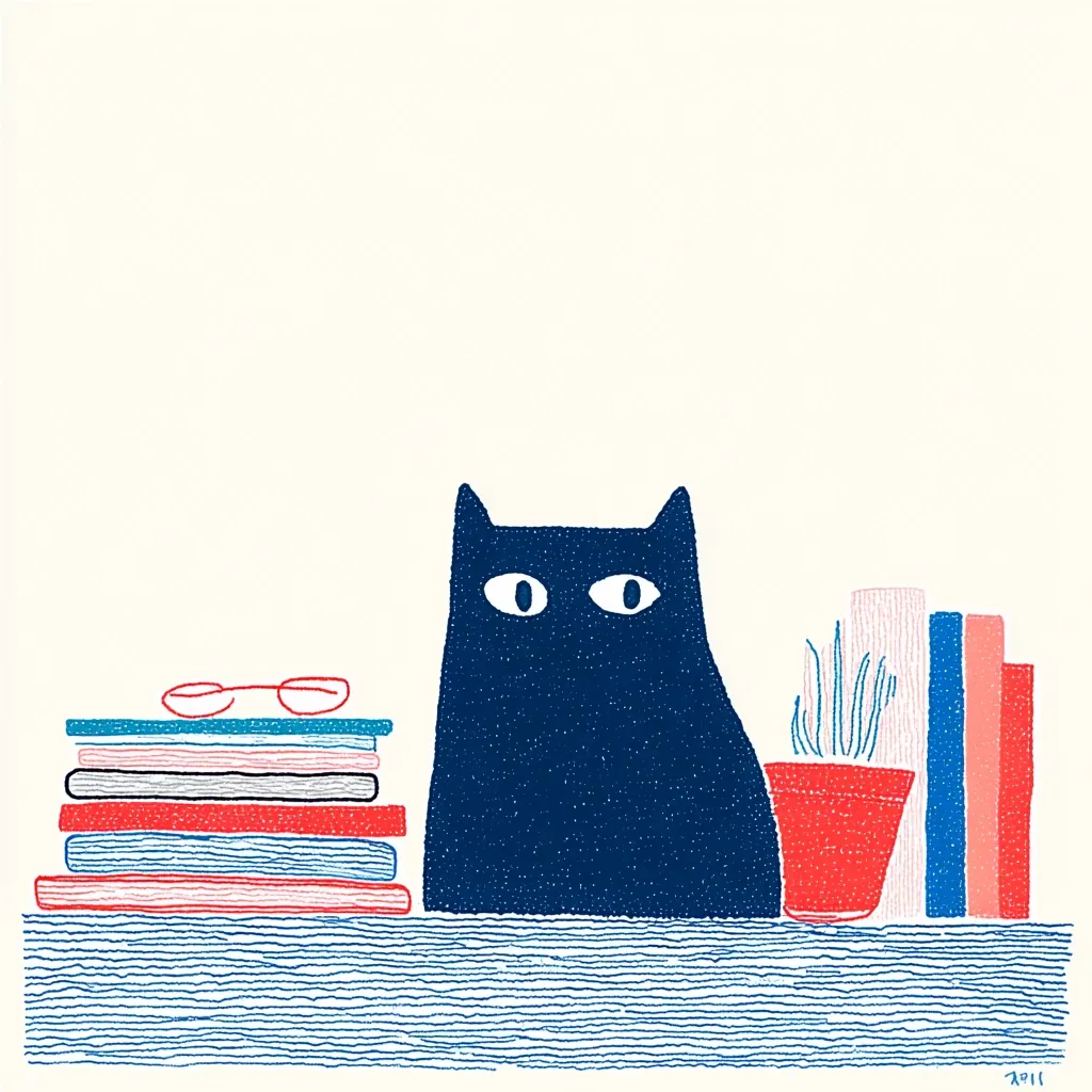 A stylized illustration features a dark blue cat sitting on a surface with a stack of books, a small potted plant, and a pair of glasses. The style is simple, using bold colors and textures. The background is a light cream, and the cat's large eyes are prominent.  The overall feel is calm and slightly whimsical.
