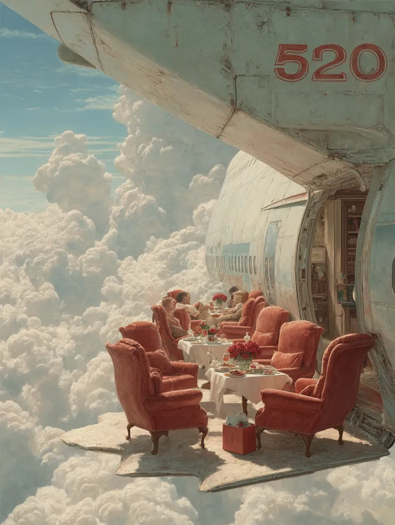 A surreal painting depicts a dining scene set amidst fluffy clouds, seemingly extending from the open doorway of a vintage airplane marked "520".  Crimson armchairs surround a table laden with food and roses. Passengers are casually seated, enjoying the extraordinary view.  The scene blends the mundane with the fantastical, creating a dreamlike atmosphere.