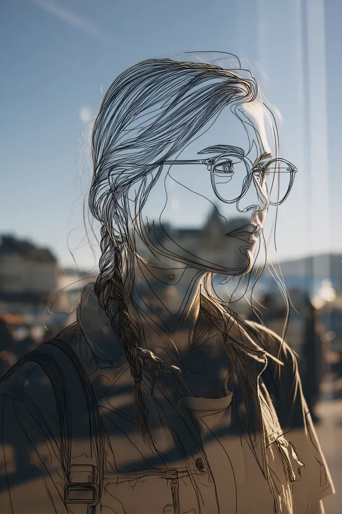 A stylized portrait of a young woman with long braided hair and glasses.  The image uses a line art effect, overlaying a sketched outline of her face and figure onto a photograph. She is wearing a jacket and appears to be outdoors, with a blurred background suggesting a harbor or waterfront setting. Sunlight casts shadows across her face, enhancing the artistic contrast. The overall mood is pensive and serene.
