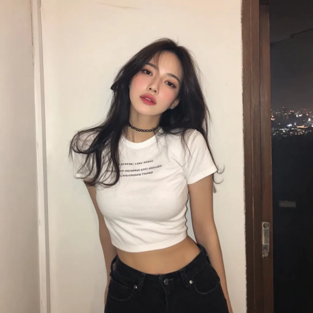 A young woman with long dark hair poses against a white wall. She's wearing a white cropped t-shirt with indiscernible text and black high-waisted jeans.  Her makeup is subtle, enhancing her features.  A choker necklace completes her look.  A blurred city lightscape is visible through a doorway in the background.  The overall aesthetic is minimalist and stylish.