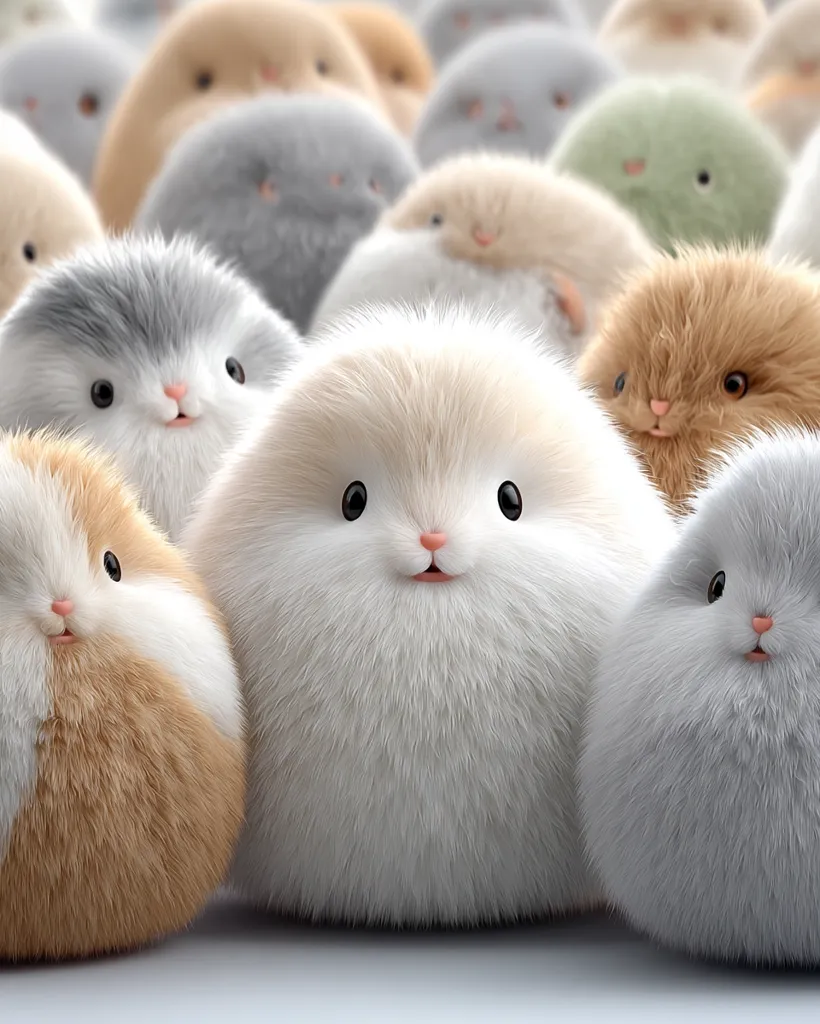 A large group of fluffy, round creatures resembling hamsters are clustered together.  They are various pastel colors, including white, light gray, light brown, and beige. Their large, expressive eyes and small noses give them an adorable appearance. The image suggests a soft, cuddly texture and evokes a feeling of warmth and gentleness.