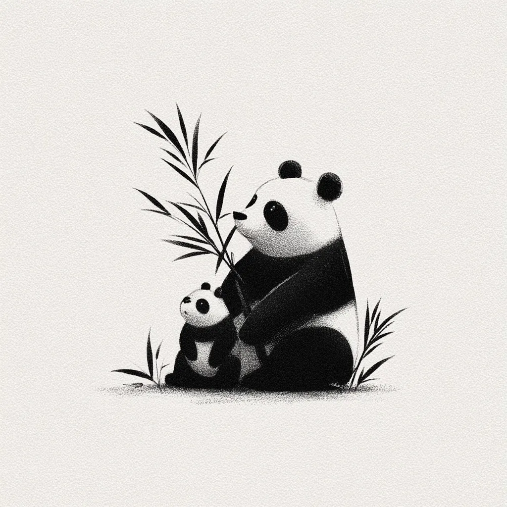 A minimalist black and white illustration depicts an adult panda and a panda cub sitting together amidst sparse bamboo.  The adult panda is larger, positioned slightly behind the cub, creating a sense of gentle guardianship. The style is simple, yet evocative of a peaceful and serene moment in nature.  The texture is slightly grainy, adding to the overall calm aesthetic.