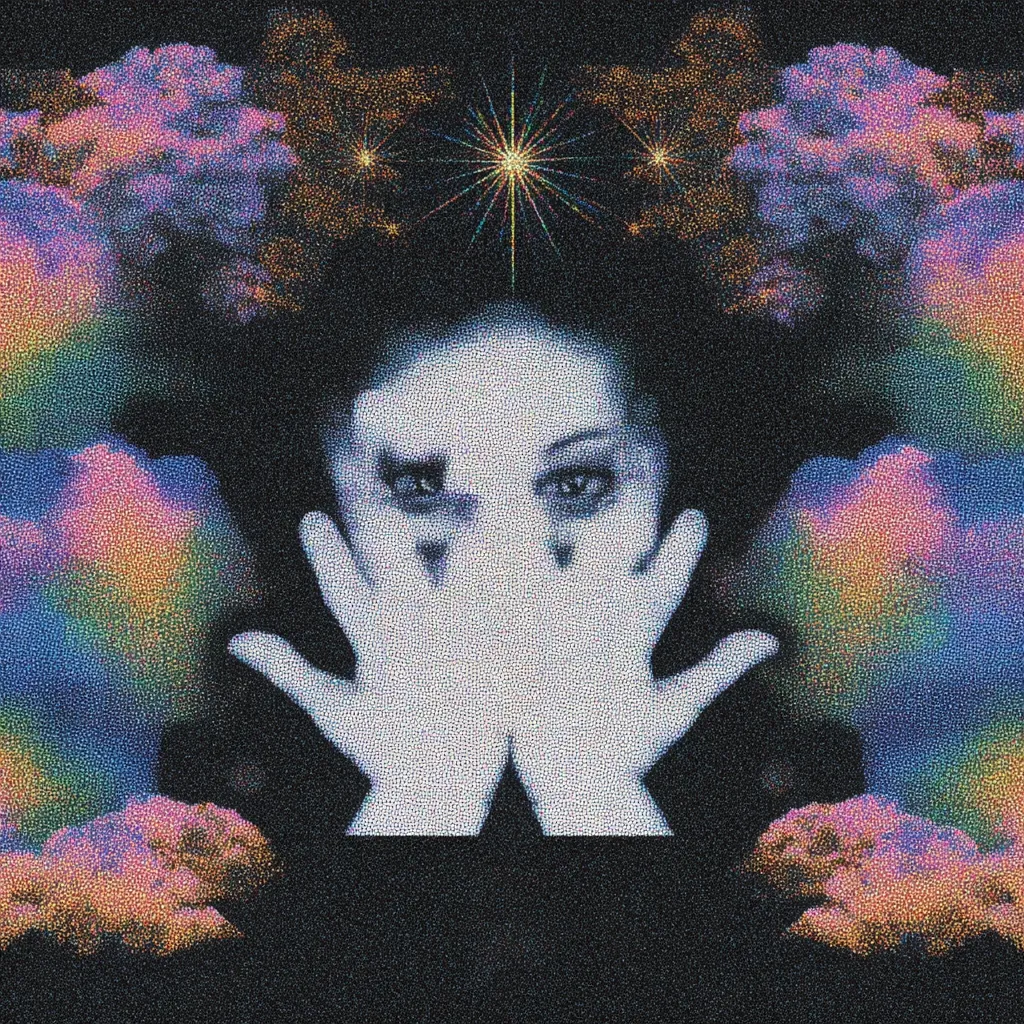 A stylized portrait of a person's face partially obscured by their hands.  The image is dreamlike and surreal, with a cosmic background featuring swirling clouds and a bright star. The style is reminiscent of psychedelic art or a mosaic, with a grainy texture.  The overall mood is mysterious and contemplative.
