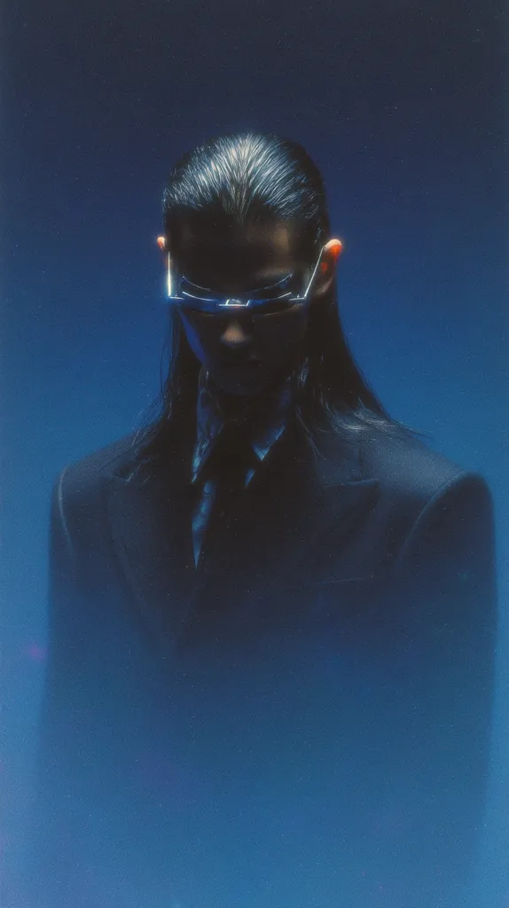 A person with long dark hair wears a dark suit and futuristic-looking glasses.  The image is darkly lit, with a blue-toned filter creating a moody and atmospheric effect. The subject's face is partially obscured by shadows and the glasses, giving a sense of mystery. The overall aesthetic is sleek and modern, possibly representing a fashion or conceptual portrait.