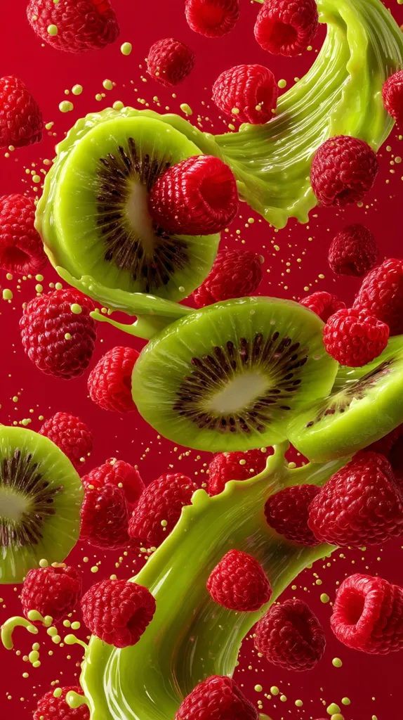 A vibrant image showcases kiwi slices and raspberries suspended in a dynamic splash of bright green liquid, likely kiwi juice.  The fruits are scattered against a bold red backdrop. The overall effect is one of motion and freshness, highlighting the juicy textures and colors of the fruits.  The image is visually appealing and suggestive of a healthy, refreshing drink.
