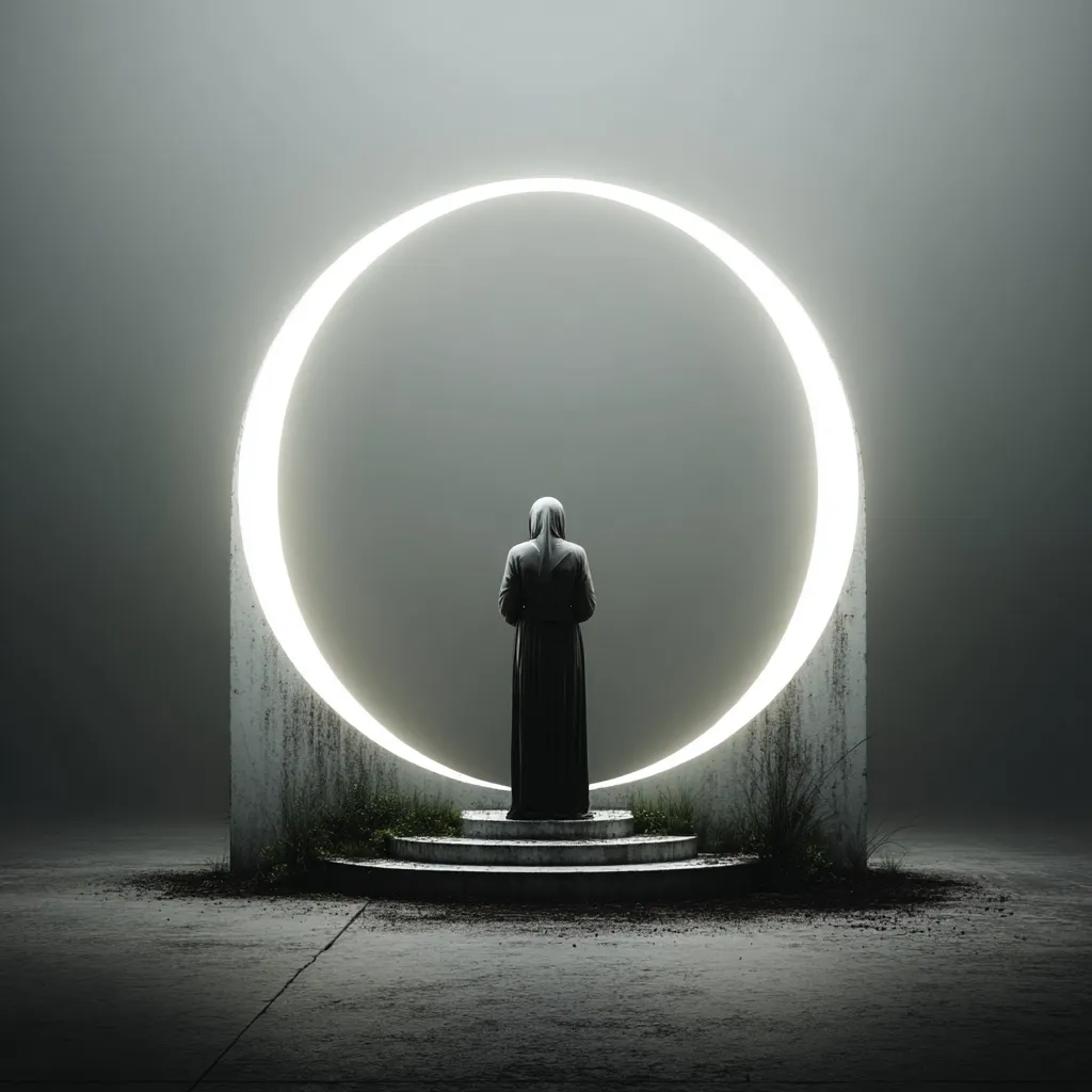 A hooded figure stands on a platform before a large, luminous ring set into a weathered concrete structure.  The scene is shrouded in mist, creating a surreal and contemplative atmosphere. The figure's back is to the viewer, their posture suggesting contemplation or anticipation. The glowing ring acts as a focal point, hinting at a portal or transition. The overall aesthetic is minimalist and evocative of mystery.
