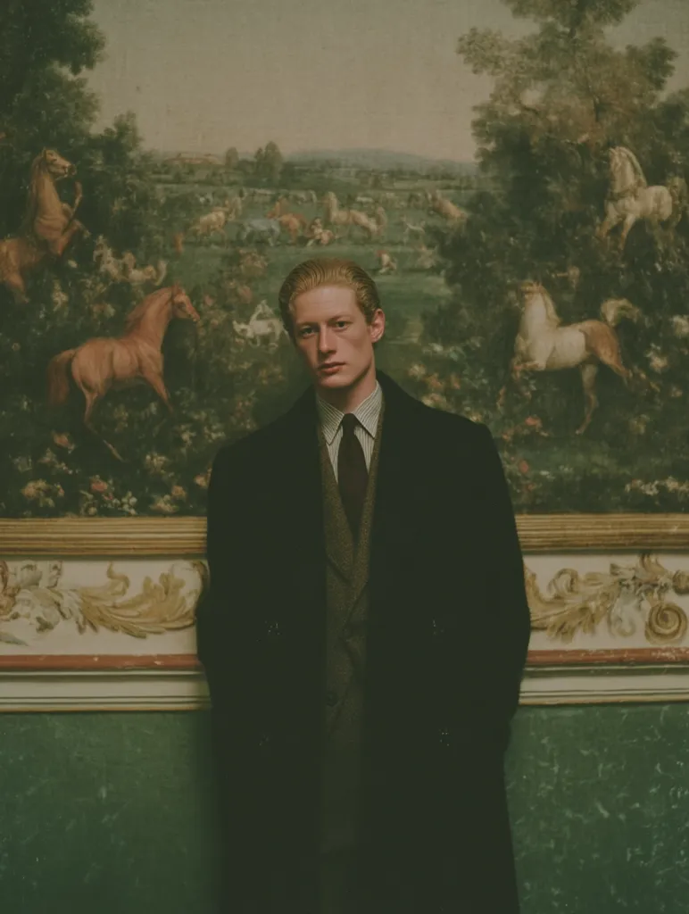 A young man with fair hair and pale skin stands against a wall adorned with an ornate, antique painting depicting a pastoral scene with horses. He's dressed in a dark overcoat, a tweed suit, and a tie, exuding a sophisticated and timeless air. The muted green tones of the wall and the painting create a serene and slightly melancholic atmosphere, contrasting with the sharp lines of his attire. The image has a vintage, almost melancholic quality.
