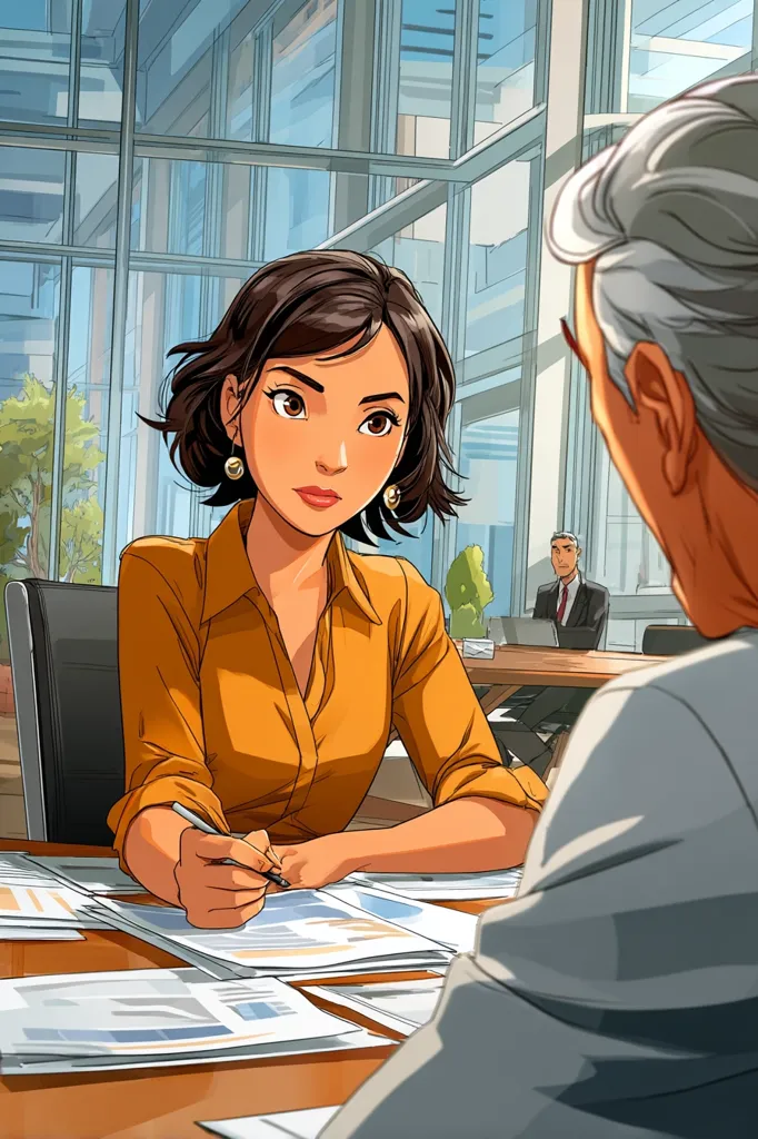 A young woman with short brown hair, wearing a mustard-yellow blouse, sits at a large desk reviewing documents.  She attentively holds a pen, focused on the papers spread before her. An older, gray-haired man sits opposite her, partially visible, seemingly engaged in a business discussion.  A man in a suit is visible in the background, suggesting a professional office setting. The scene is bright and airy, with large windows showcasing a modern cityscape.