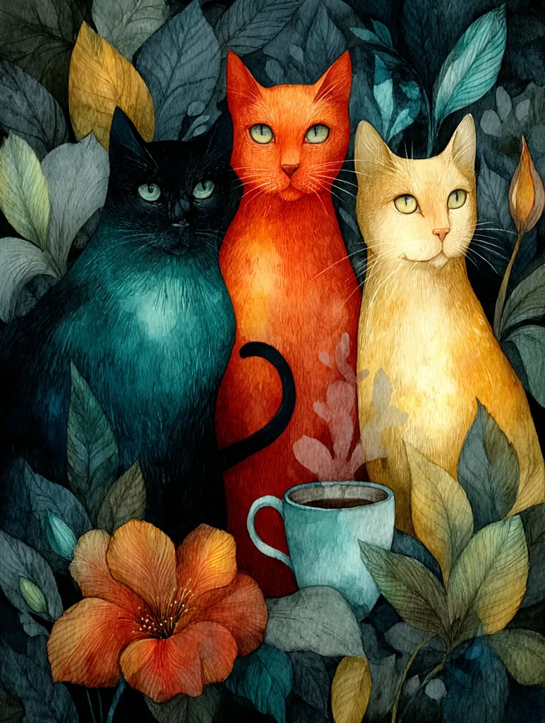A watercolor painting depicts three cats in a lush garden setting.  A dark teal cat sits beside a vibrant orange cat, and a pale gold cat.  A steaming cup of coffee rests before them, nestled amongst large, dark leaves and a bright orange flower. The overall style is dark, moody, and evocative of a mysterious, quiet scene.