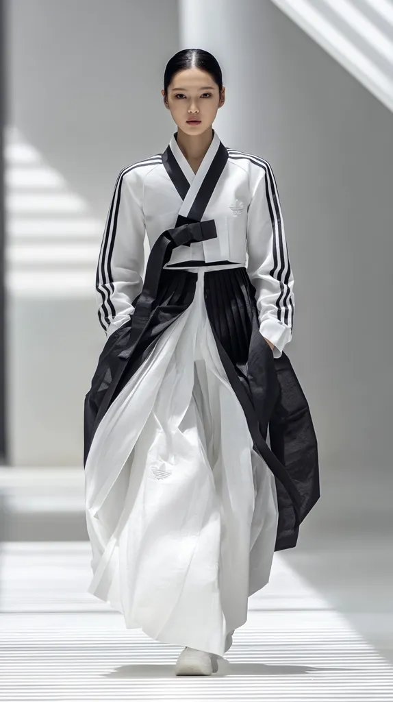 A model walks a runway in a modern interpretation of a Hanbok, a traditional Korean dress.  The design features a white, pleated skirt and jacket overlaid with black panels, accented by Adidas signature three stripes on the sleeves. The minimalist aesthetic blends contemporary sportswear with classic Korean design elements. The overall effect is sleek and stylish.