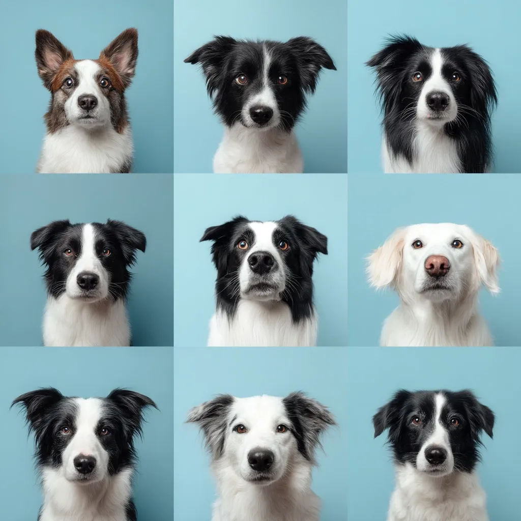 A nine-square grid showcases nine dogs against a light blue backdrop.  The images feature a variety of breeds, including Border Collies in various poses and a fluffy white dog. Each dog stares directly at the camera, creating a visually appealing and consistent collection of pet portraits.  The overall aesthetic is clean and simple, highlighting the dogs' individual features.