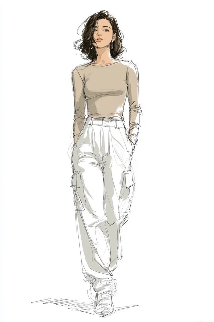A stylish woman with short brown hair is depicted in a fashion illustration. She's wearing a light beige, long-sleeved top and loose-fitting white cargo pants.  Her hands are casually in her pockets. The drawing style is loose and expressive, emphasizing the figure's pose and clothing rather than minute detail.  She appears confident and walks with a relaxed gait.