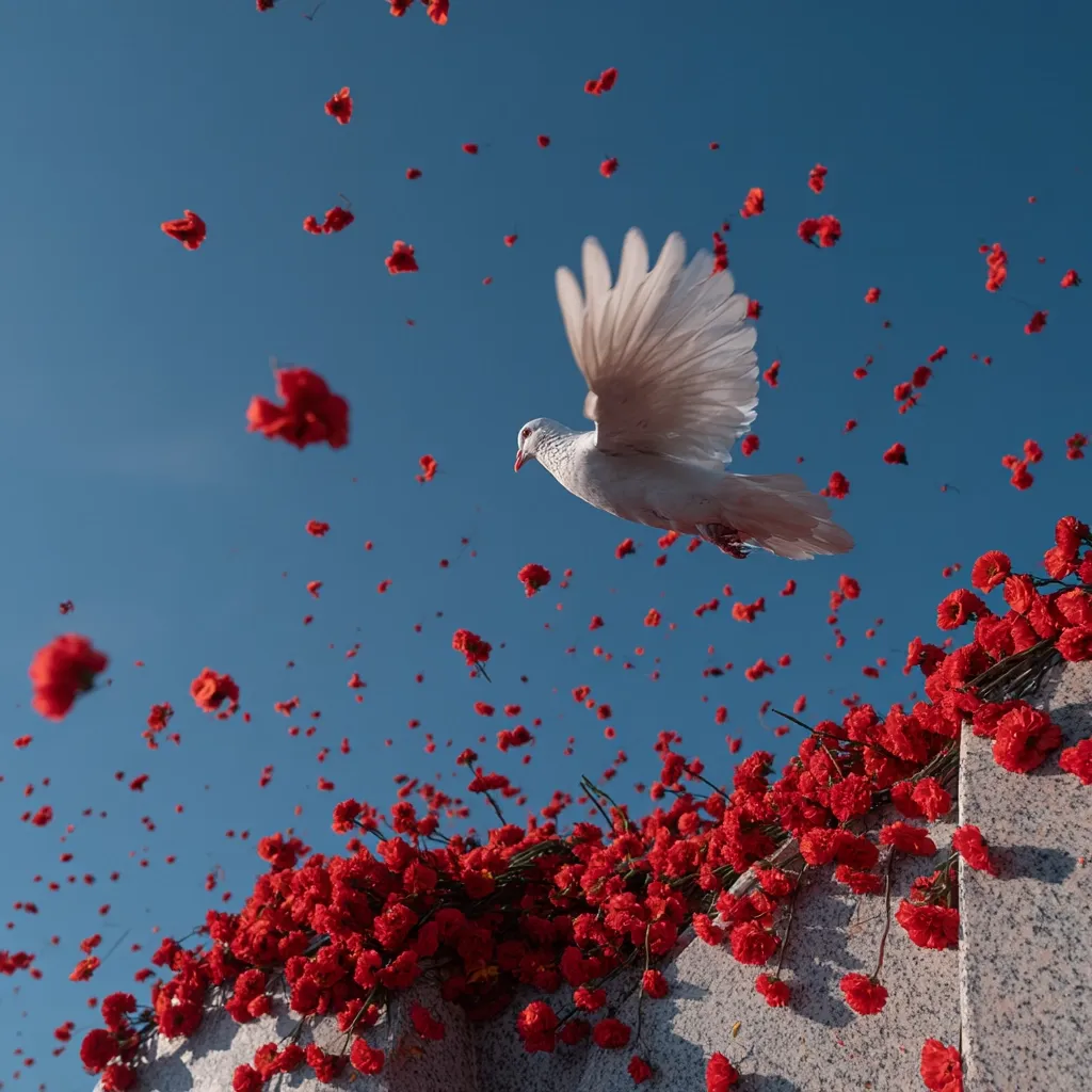 A white dove soars through a vibrant sky filled with falling red petals.  The dove, wings outstretched, is sharply in focus against the blurry background of countless red flowers raining down. The scene is both peaceful and dramatic, suggesting a remembrance or celebration. The contrast between the white bird and the red blossoms is striking.