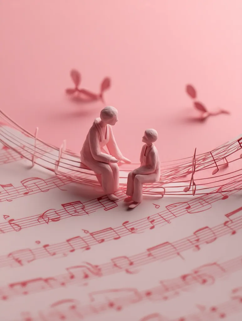 Two small, pink figurines are seated on a musical score, which is shaped into a wave.  The figures appear to be in conversation.  The scene is set against a soft pink background, with blurred pink leaf shapes in the background. The overall tone is serene and delicate. The image evokes a sense of quiet contemplation and connection.
