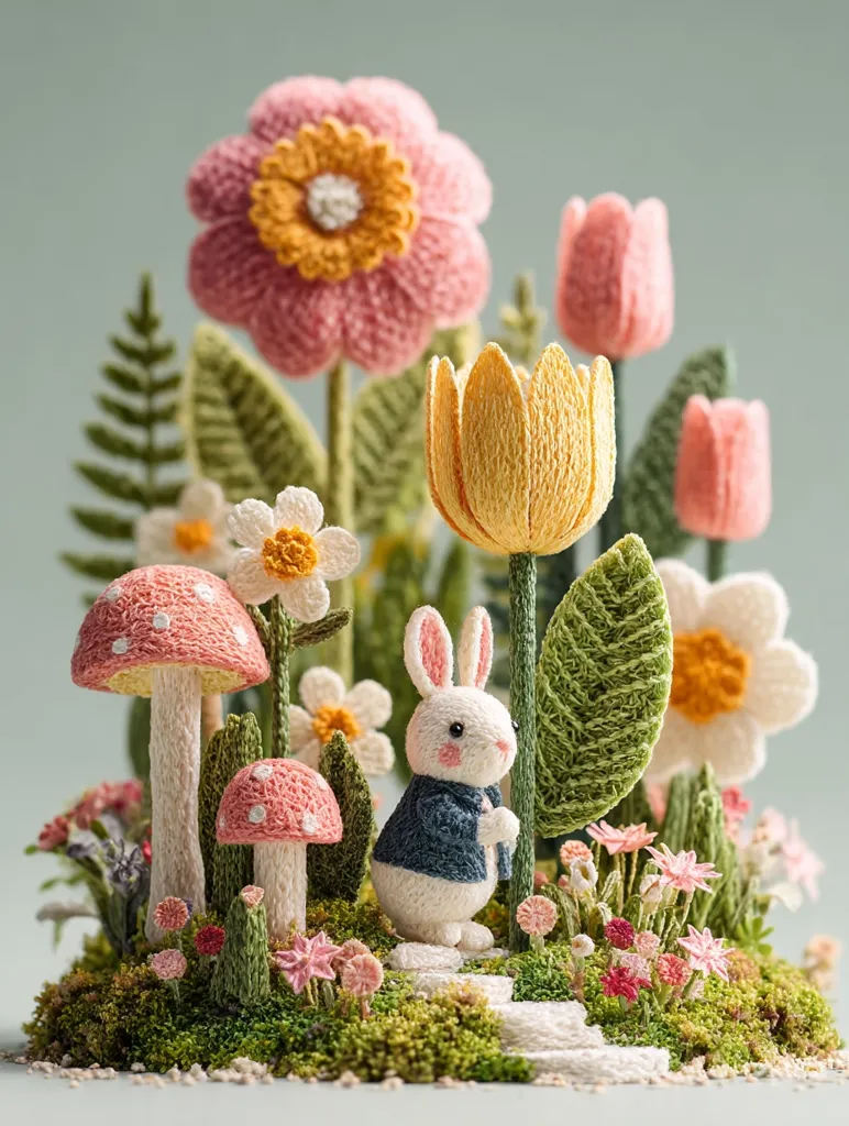 A whimsical miniature garden features a crocheted bunny in a blue jacket standing on a tiny path.  Surrounding it are crocheted flowers – pink daisies, yellow tulips, and white daisies – along with crocheted mushrooms and lush green foliage.  The scene is crafted with meticulous detail, creating a charming and idyllic springtime setting.
