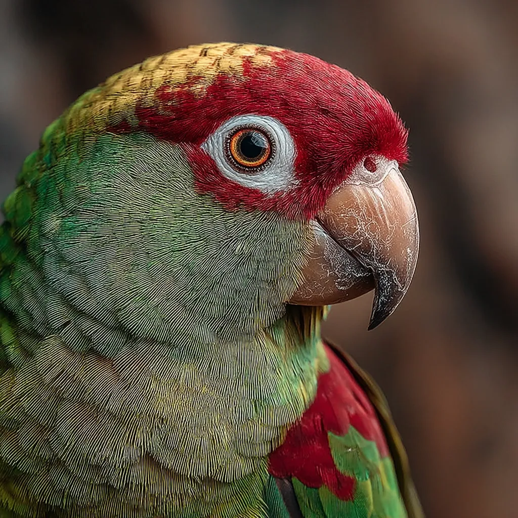 Close-up view of a parrot's head and neck.  Its plumage is predominantly green, with vibrant red feathers on its crown and nape, and hints of yellow-gold. The parrot's eye is a striking orange-brown, encircled by white.  The beak is a grayish-brown, slightly textured. The detail highlights the intricate feather structure and the bird's intense gaze.