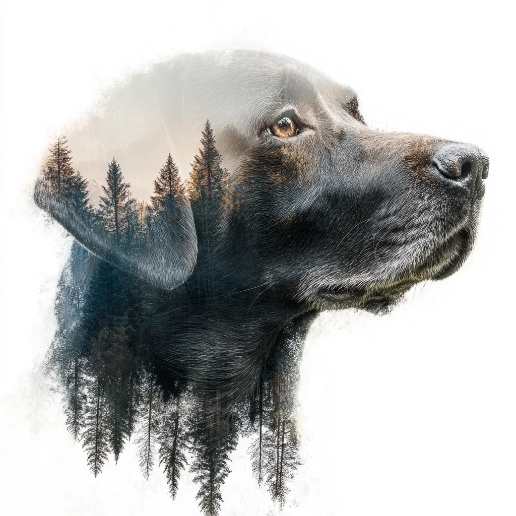 A double exposure image showcases a black Labrador's head and shoulders, seamlessly blended with a tranquil forest scene.  The dog's profile is sharply defined against a white background.  The forest, depicted in muted greens and browns, appears to grow from within the dog's body, creating a striking and surreal effect.  The overall impression is one of peaceful coexistence between nature and a loyal companion.