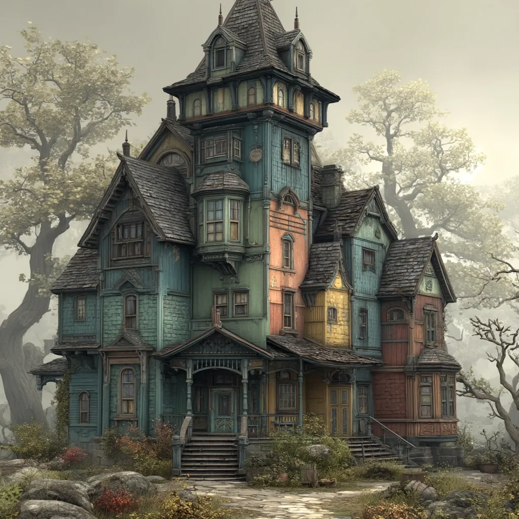A whimsical, multi-colored Victorian-style house stands amidst a misty forest.  Its aged, wooden facade displays teal, orange, and yellow panels, accented by dark grey roofing.  Intricate detailing and multiple stories create a sense of mystery and charm. The house boasts a central tower and wraparound porches, leading to a stone pathway.  Surrounding vegetation hints at age and quiet neglect.