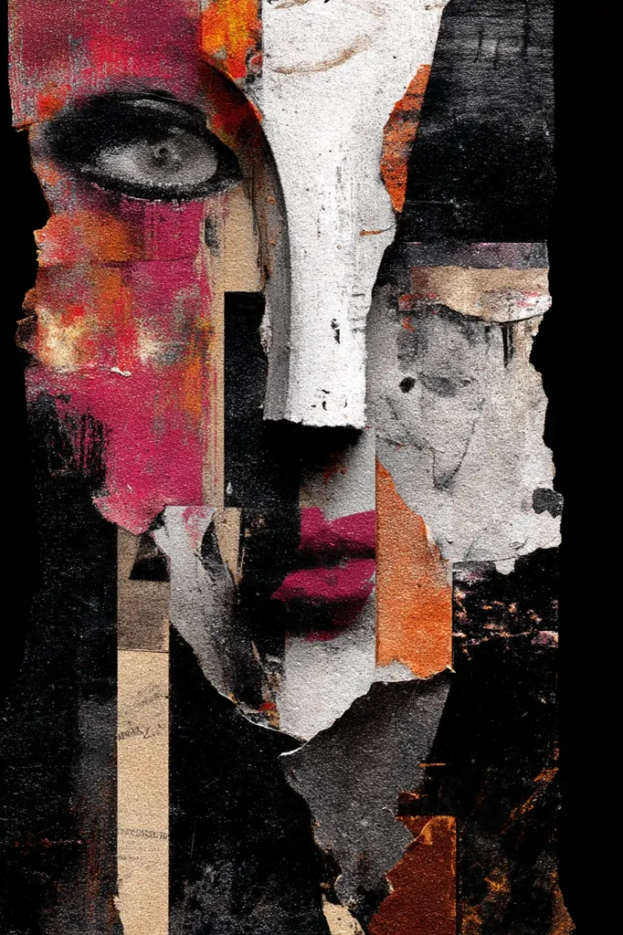 An abstract portrait, seemingly constructed from fragmented layers of paint and collaged textures.  Reds, oranges, and blacks dominate, creating a distressed and layered effect.  A single eye and lips are visible, hinting at a face partially obscured by the fragmented composition. The overall style suggests urban decay and a sense of hidden identity.